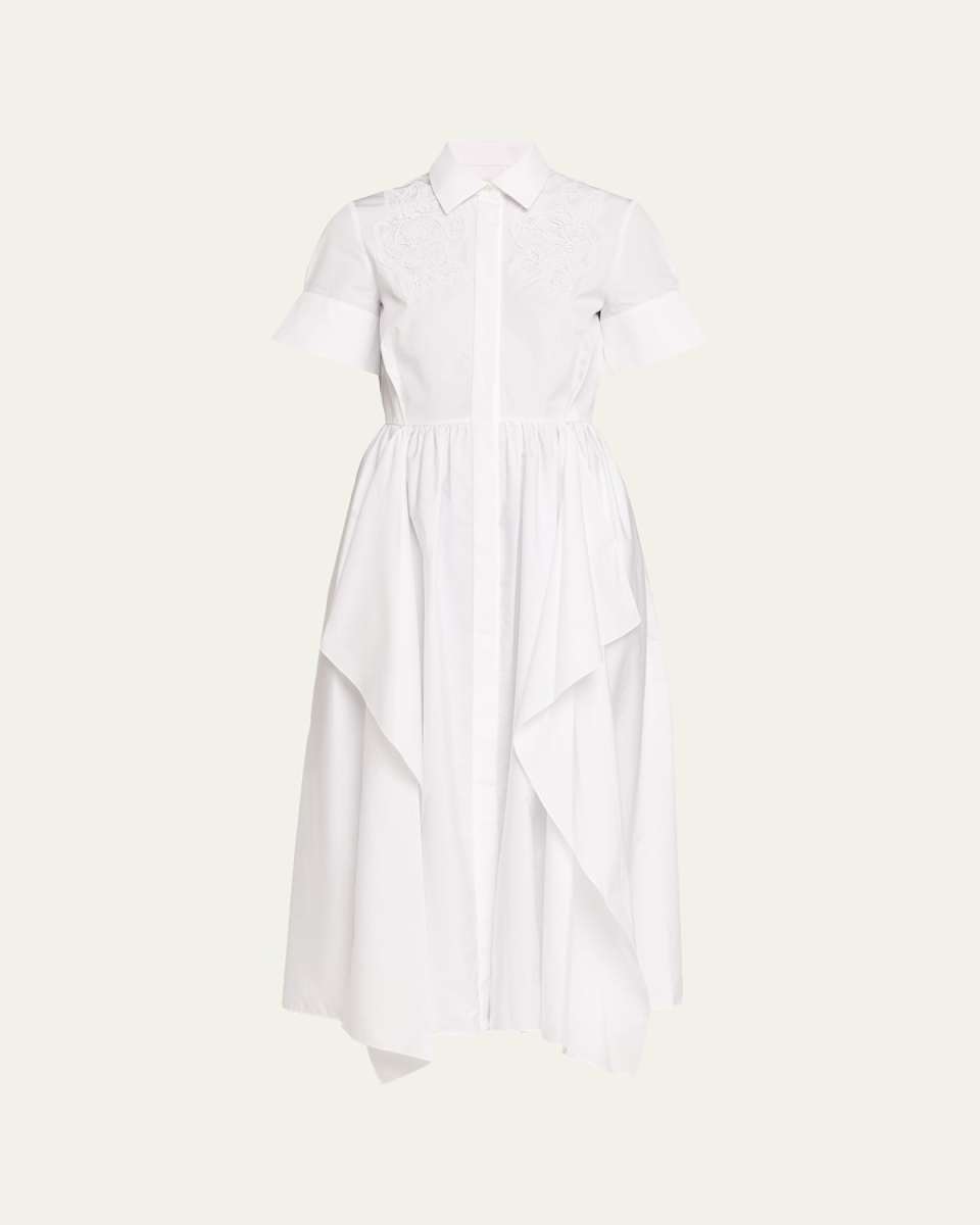 Embroidered Short-Sleeve Midi Shirtdress